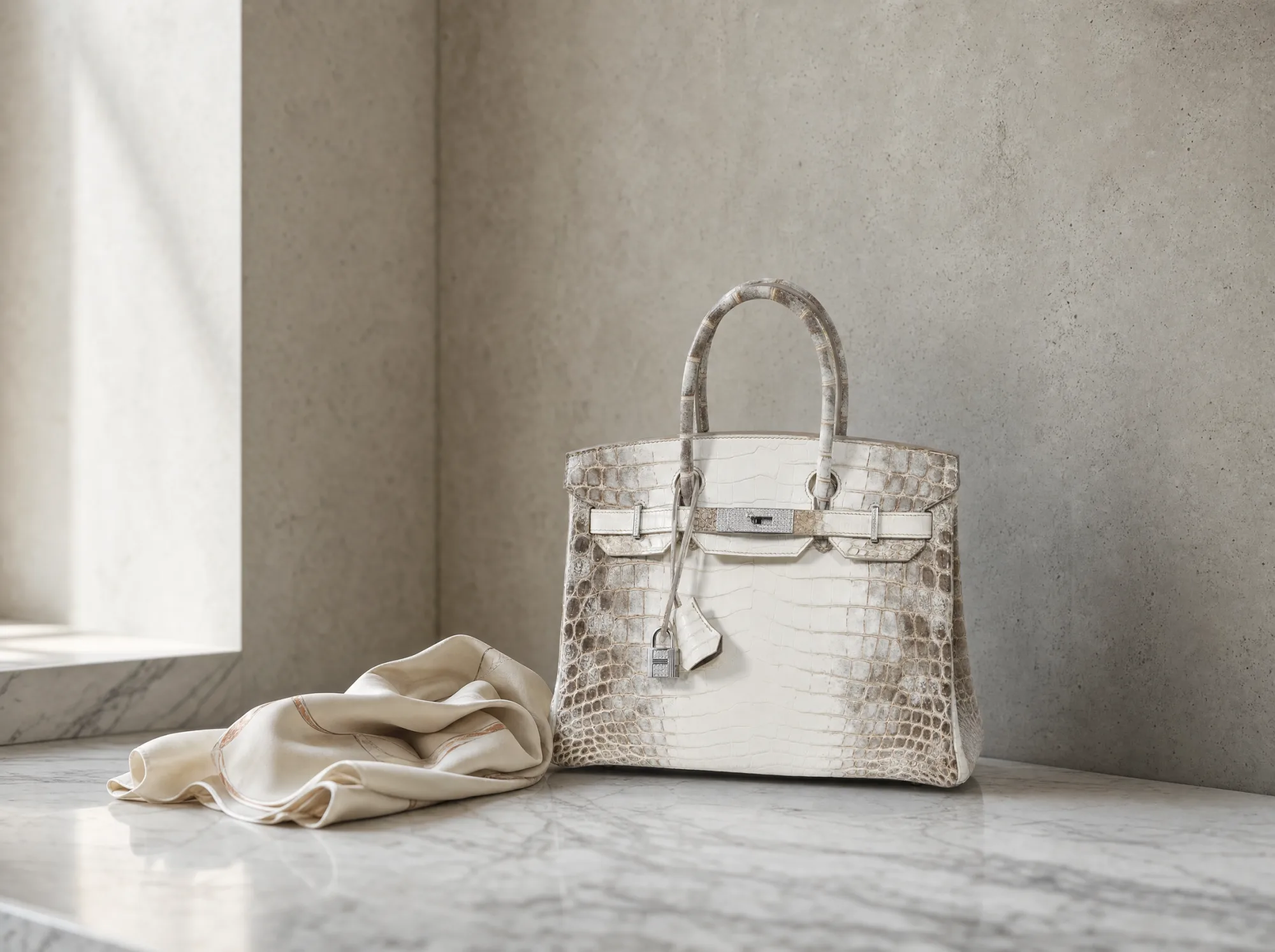 Our Hermès Birkin 30 Himalaya on a marble counter against a concrete wall