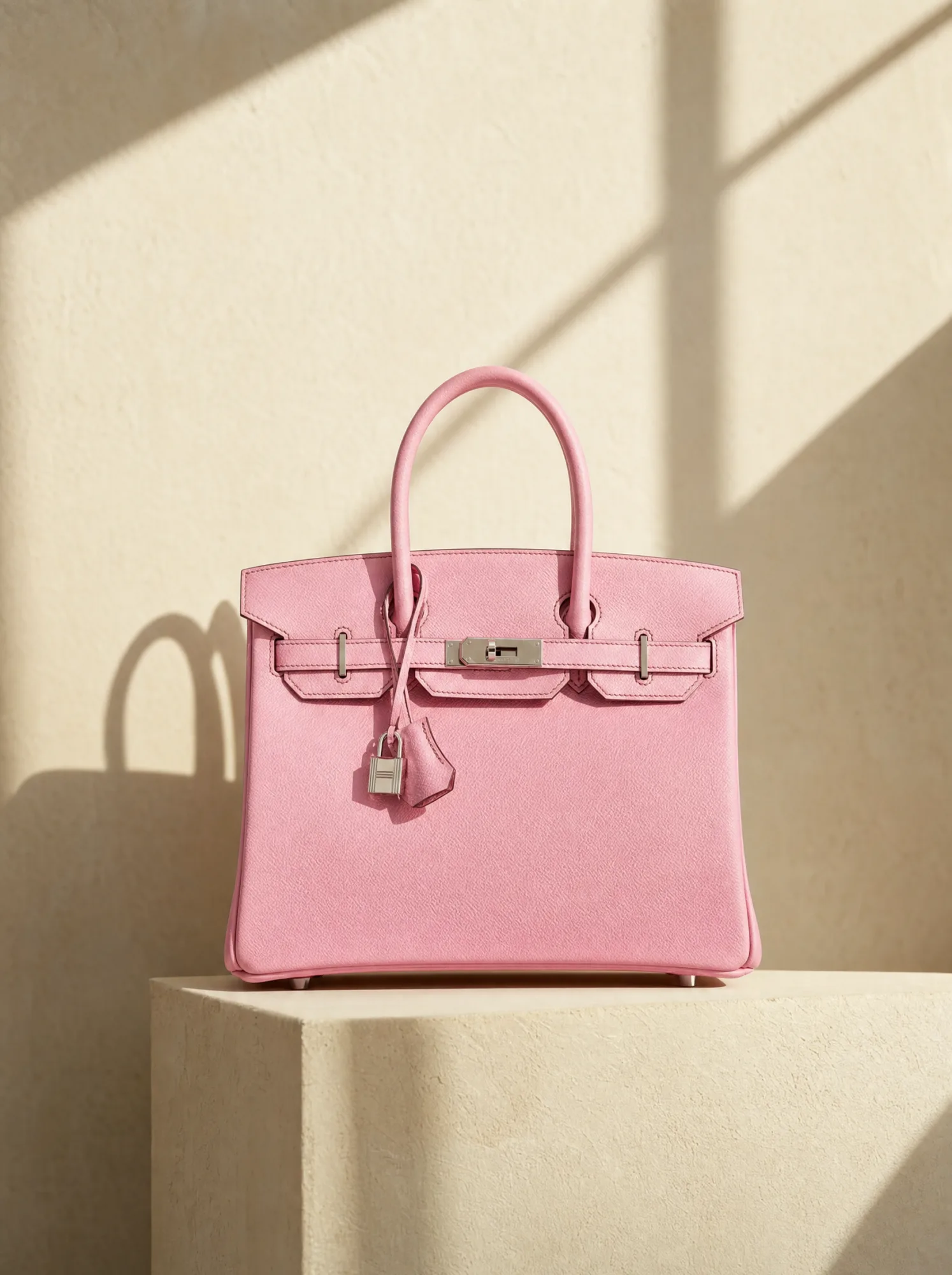 Our Hermès Birkin 30 in rose Epsom leather on a plinth against a sunlit cream wall