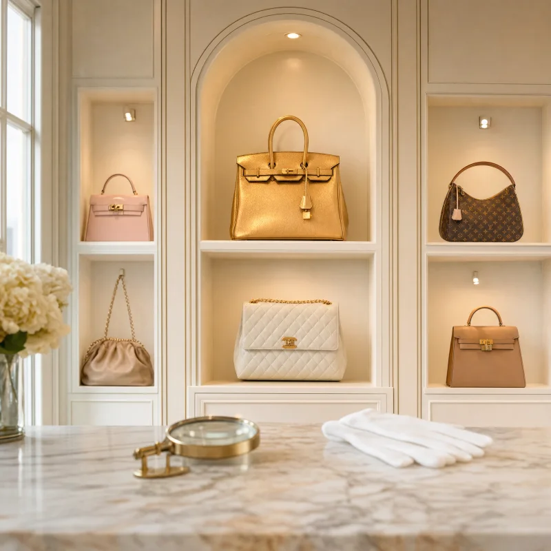 Designer handbags displayed in lit ivory niches at the Luxury Closet NJ studio